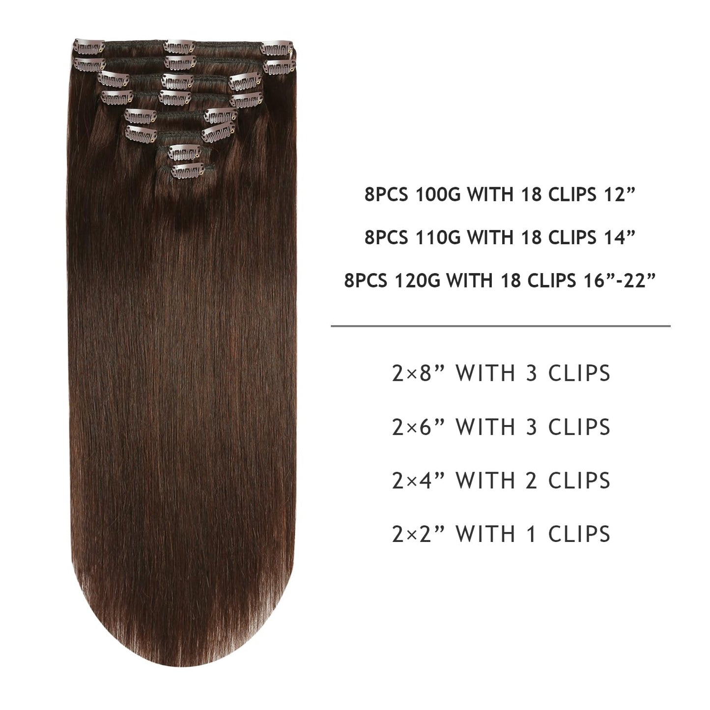 YILITE Hair Extensions Clip in Remy Human Hair 100% Real Human Hair Darkest Brown 8Pcs/Pack 110g Natural Silky Double Weft Strai