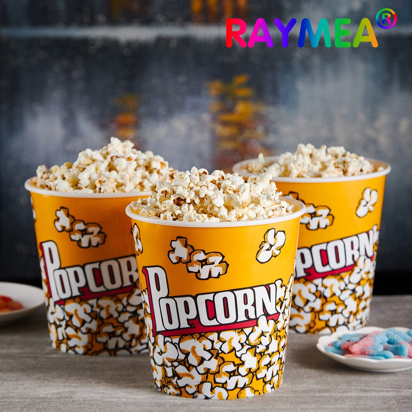 RAYMEA Plastic Popcorn Containers Retro Style Reusable Popcorn Buckets for Movie Night 7.1”x7.1”x5.1” (5 Pack)…