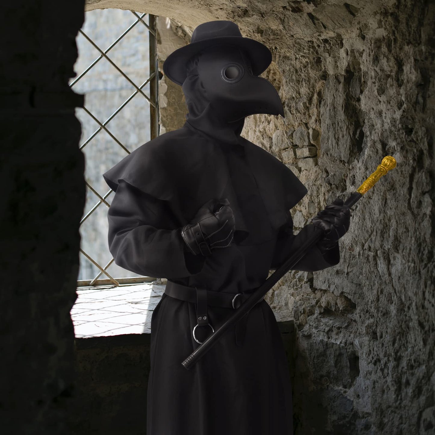ATTBEA Halloween Costume Compatible for Plague Doctors with Bird Beak Mask, Black Cloak Robe with Hood, Medieval Monk Priest Cosplay for Men Women Adults