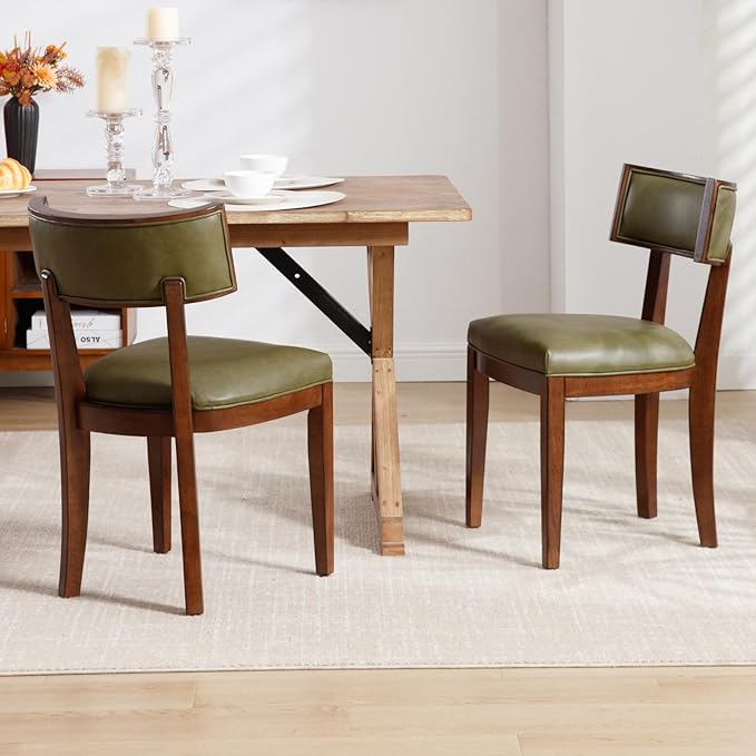 DM Furniture Mid Century Modern Dining Chairs Set of 2 Faux Leather Upholstered Dining Room Chair with Curved Backrest Farmhouse Kitchen Chairs Solid Wood Side Chair for Living Room/Restaurant