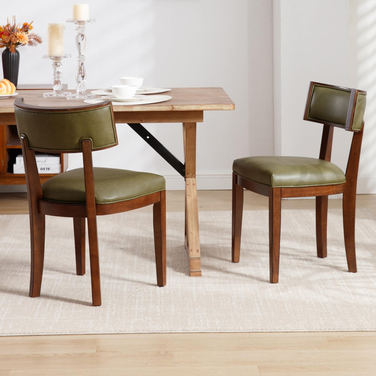 DM Furniture Mid Century Modern Dining Chairs Set of 2 Faux Leather Upholstered Dining Room Chair with Curved Backrest Farmhouse Kitchen Chairs Solid Wood Side Chair for Living Room/Restaurant