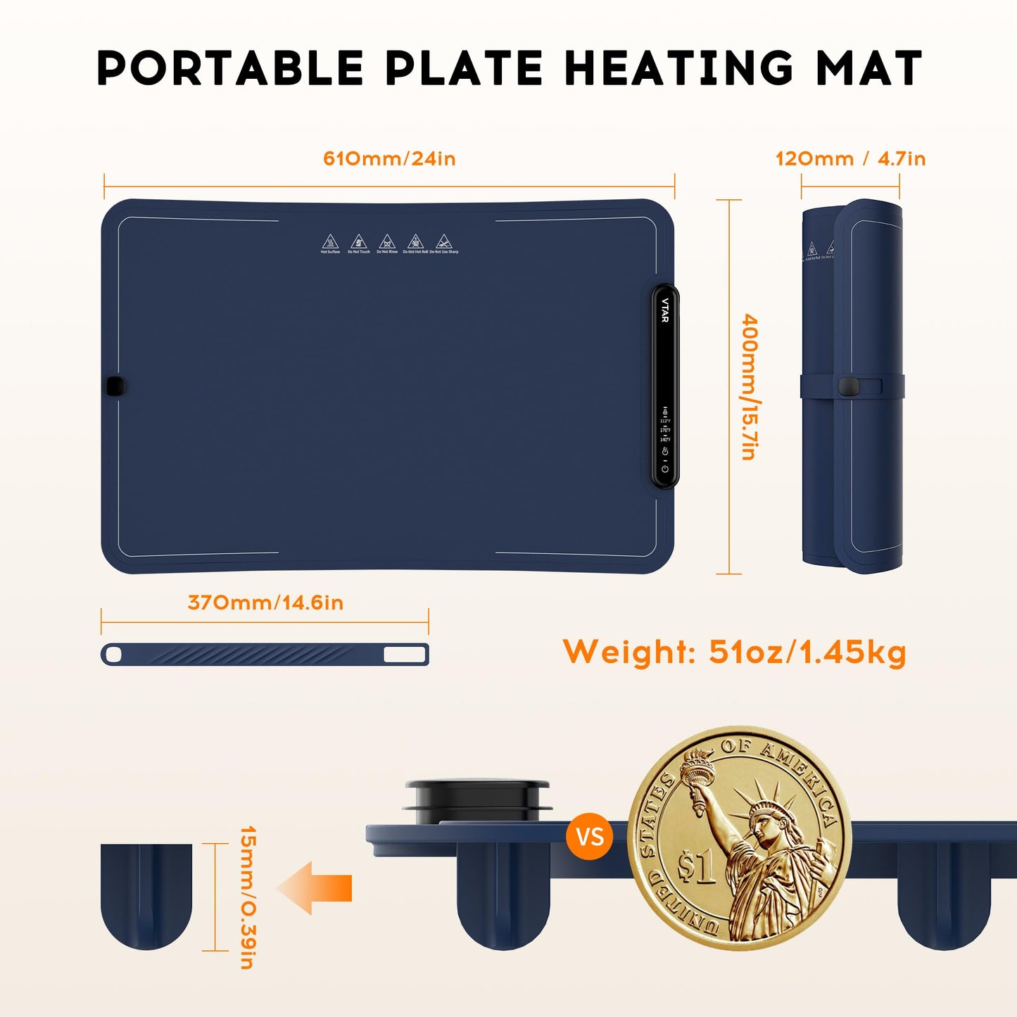 VTAR Rollable Electric Food Warming Mat | 3-Temp Buffet Tray Warmer for Parties | Even Heating, Portable Silicone Design, Auto Shut Off & Child Lock- Blue