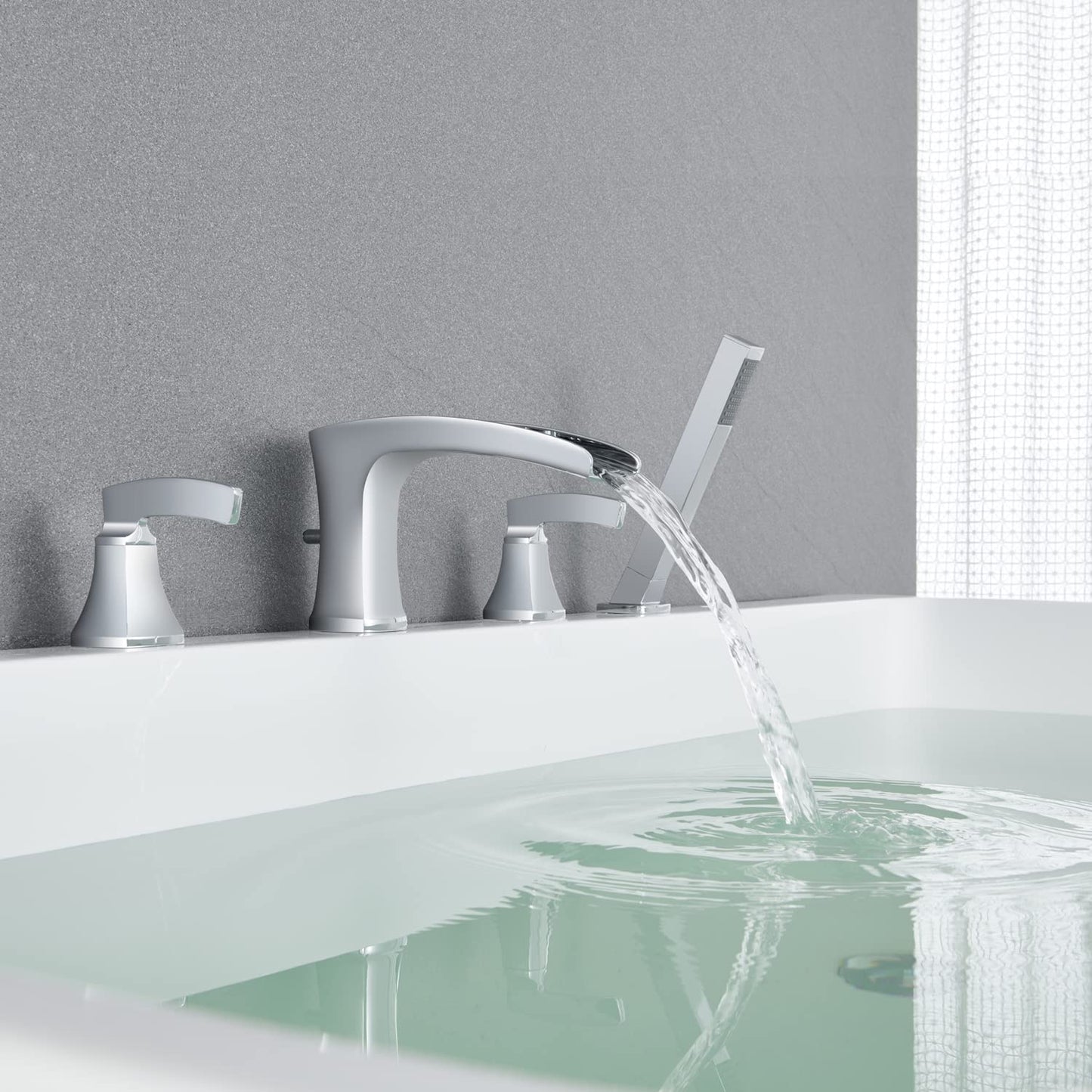 Artiqua Tub Filler Roman Waterfall Tub Faucet Chrome Deck Mount Bathtub Faucets 4 Hole Brass Bathroom Faucets with Hand Shower