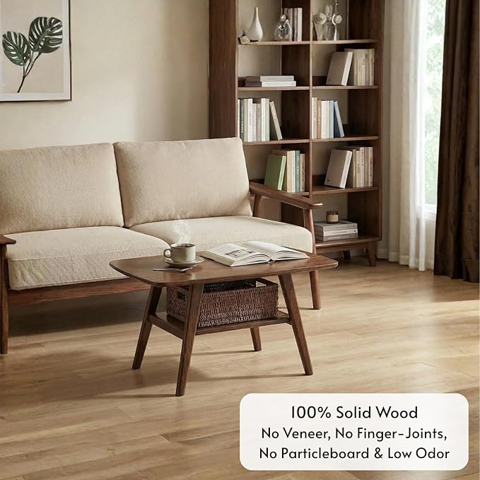 Hymus Solid Wood Coffee Table - 2-Tier Modern Center Table, Living Room Tables with Double Storage for Living Rooms, Bedrooms, and Offices (Walnut, 31.49" D x 19.68" W x 17.32" H)
