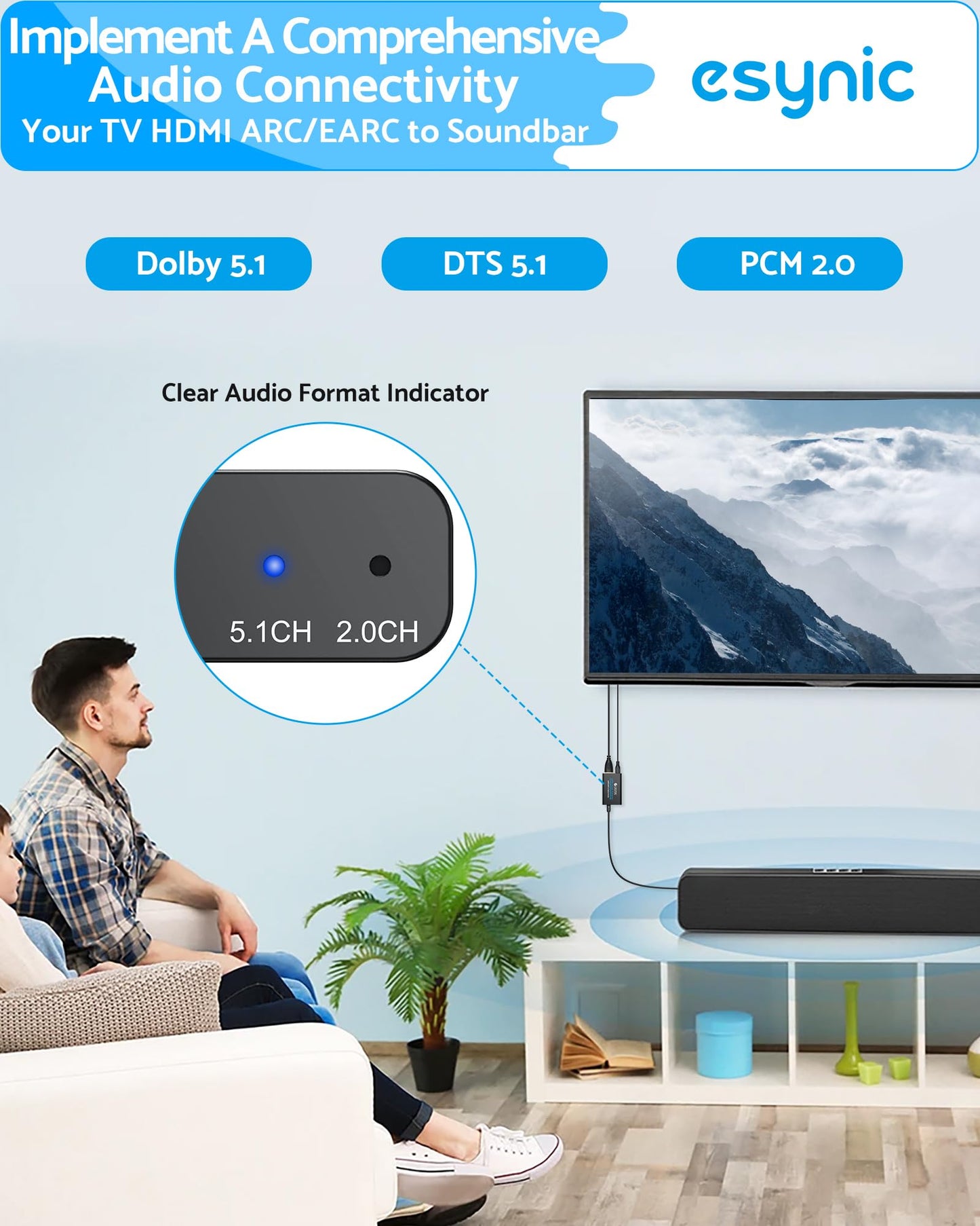 eSynic Professional eARC Audio Extractor-Only Work for HDTV ARC/eARC Ports-192KHZ ARC to Optical Audio Adapter-Easy to Setup-7ft Long-Dolby5.1 & DTS 5.1 Formats-from HDTV to Optical Soundbar-No CEC