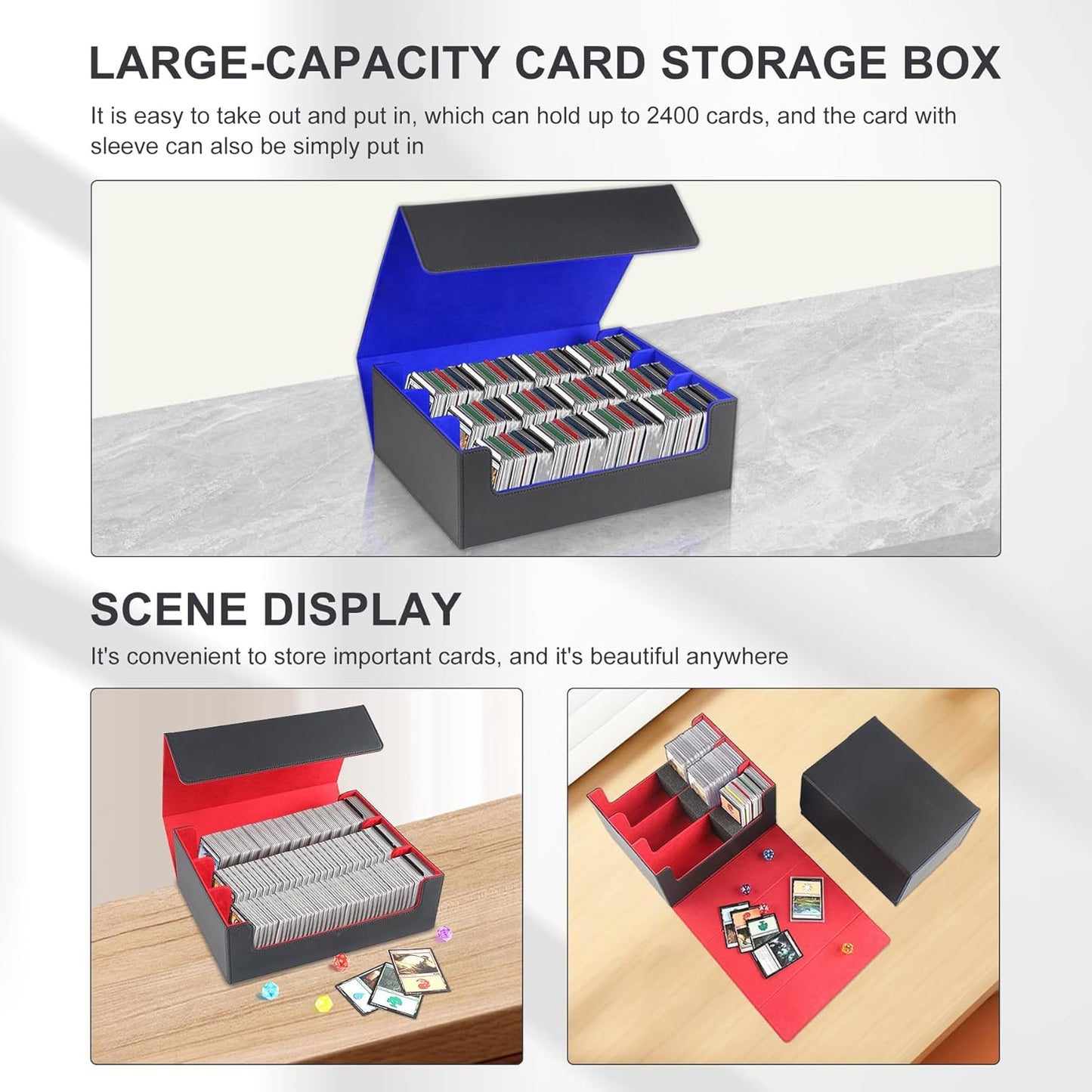 Card Storage Box for Trading Cards，2400+ Leather Magnetic Closure Commander Storage Box,Protectors Fit for YuGiOh, MTG and Sport Cards (Black, blue, 2400+)
