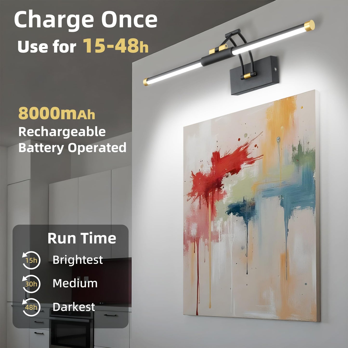 24“ Picture Lights for Wall Battery Operated, Wireless Picture Lights with Remote, Rechargeable Wall Light 3000K/4000K/6000K Dimmable, Art Lighting for Paintings Frame Gallery Dartboard, Black Gold