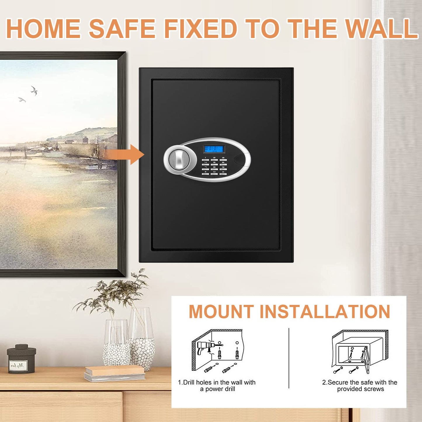 3.3 Cubic Feet Home Safe Fireproof Waterproof, Digital Home Security Safe Box with Programmable Keypad and Spare Keys, Document Safe for Money Firearms Medicine Valuables