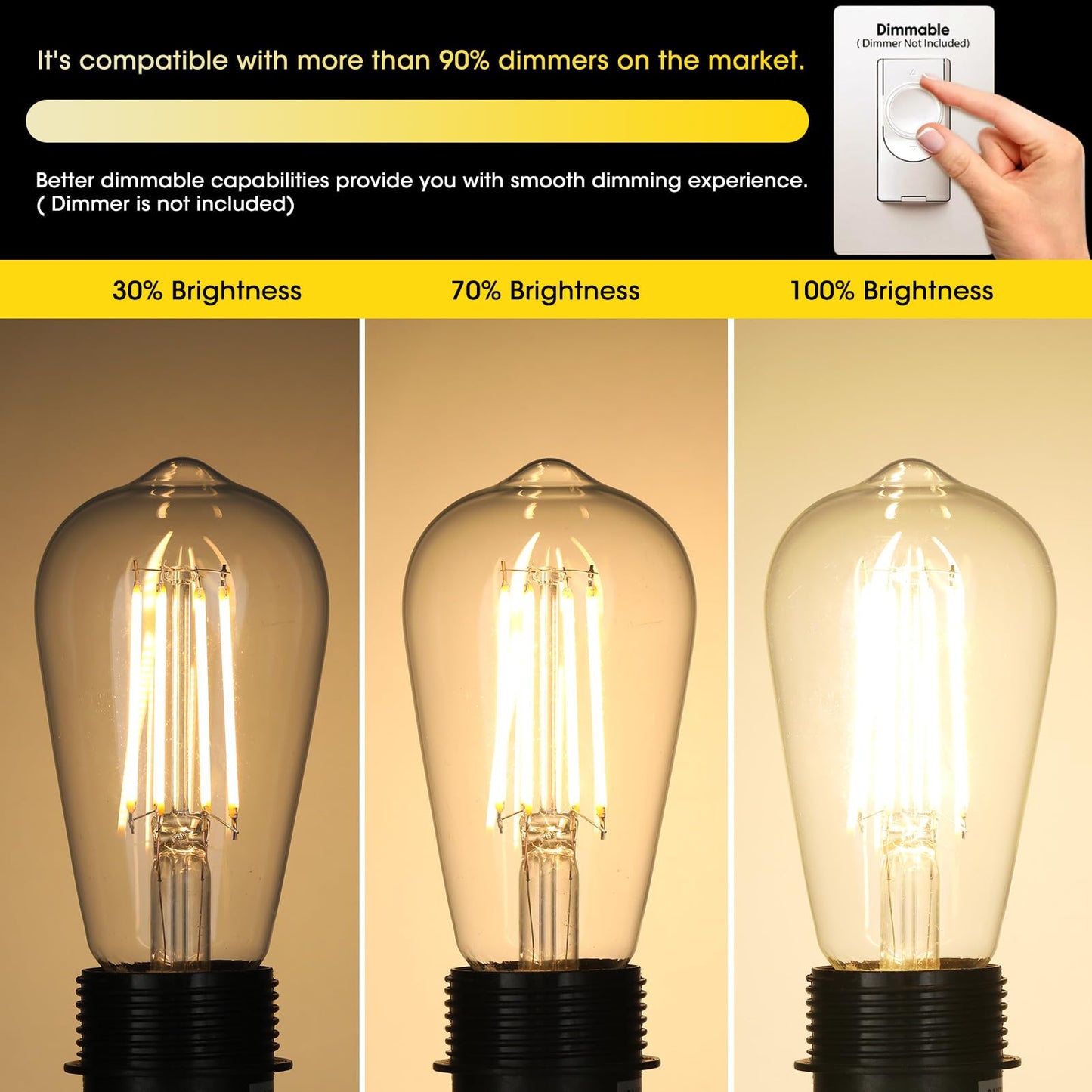 Gozelux Vintage LED Edison Bulbs, 6W, Equivalent 60W, Dimmable, High Brightness Warm White 2700K, ST58 Antique LED Filament Bulbs with 90+ CRI, E26 Standard Base Light Bulbs, Clear Glass, Pack of 4