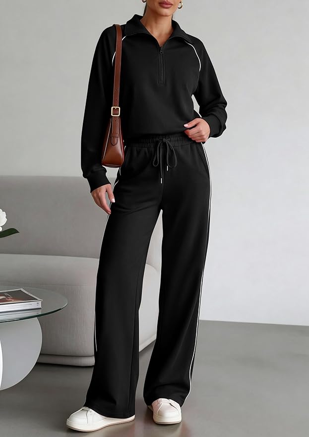 PRETTYGARDEN Women's 2 Piece Outfits Casual Lapel Half Zip Sweatshirts and Wide Leg Pants Tracksuit Sets