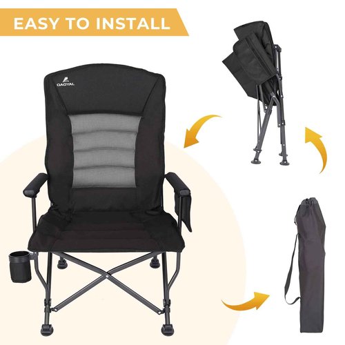 Camping Chairs for Adults, Adjustable Backrest Heavy Duty Oversized Folding Camping Chair Supports 350lbs for Outside with Cup Holder&Side Pocket, Outdoor Folding Camp Chair with High Back (Black)