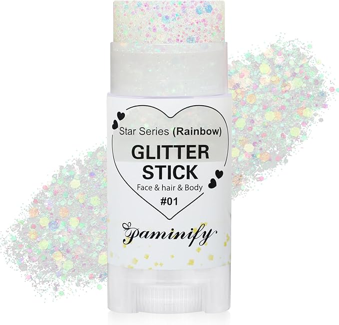 Paminify Rainbow White Hair Glitter Stick for Kids,Mardi Gras Outfit for Women,Mermaid Fairy Costume Body Face Glitter, Si...