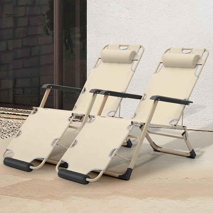 Athena Collection Zero Gravity Outdoor Lounge Chair Set of 2, 26" Width Reclining Pool Lounge Lawn Chairs Recliner with Headrest Foot Pad, Outdoor Chaise for Beach Patio Backyard Outside, Beige