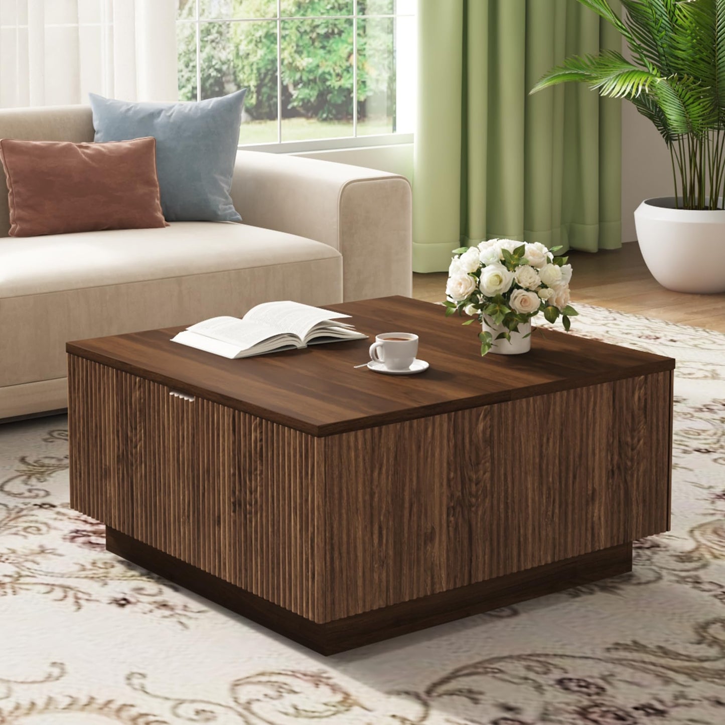 Epecoya 31" Lift Top Coffee Table with Hidden Storage & Farmhouse Fluted Design, Square Wooden Lift-Top Table for Living Room, Apartment, Small Spaces, Brown Walnut