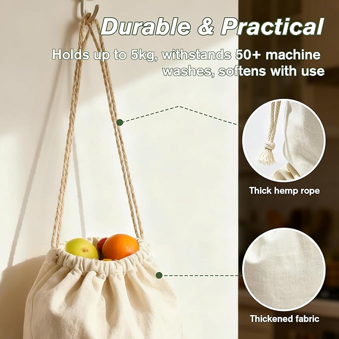 PrettyCare 15x13 Inch Reusable Cotton Storage Bags, 3-Pack Muslin Drawstring Bags for Bread, Potatoes, Onions, Produce; Biodegradable Canvas Fabric Sacks for Shoes, Laundry, Clothes, Travel Storage