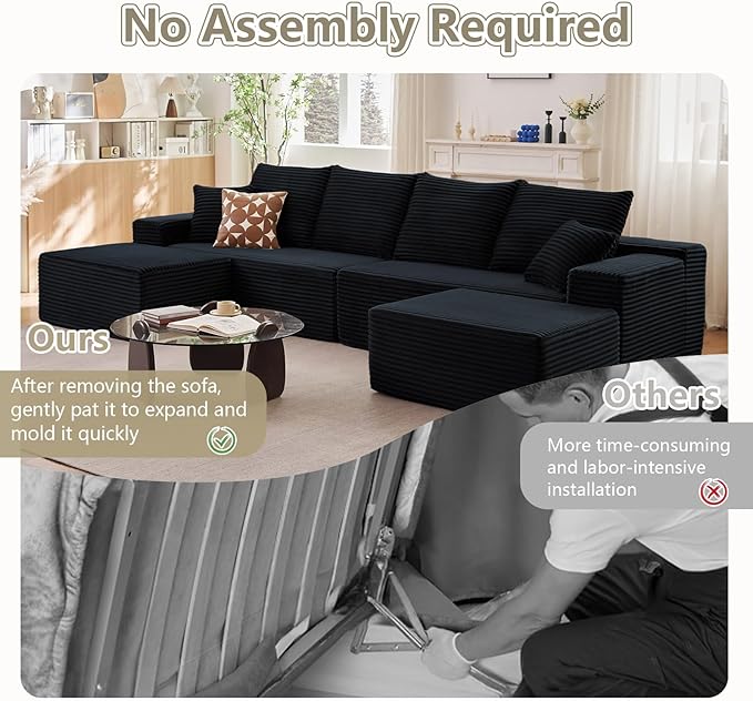 140" Sectional Cloud Couch for Living Room, Modular Floor Deep-Seat Sofa, Big Comfy Corduroy Couches Set with Fluffy Memory Foam, Stupendous U Shaped Sofas, No Assembly Required, Black