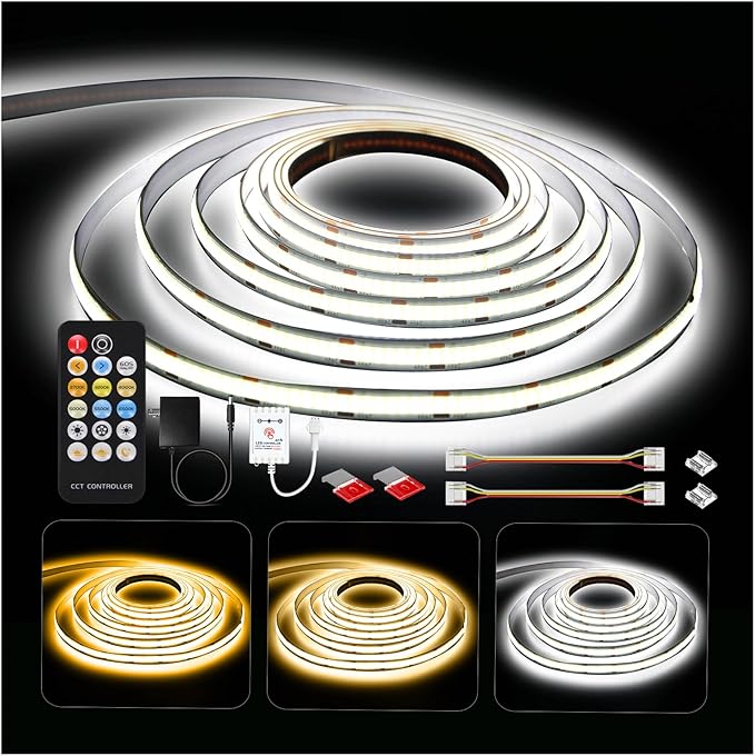 DAYBETTER COB LED Strip Lights, Tunable White(2700K-6500K) COB LED Lights with 3040 LEDs, 24V Adapter, RF Remote, Dimmable...