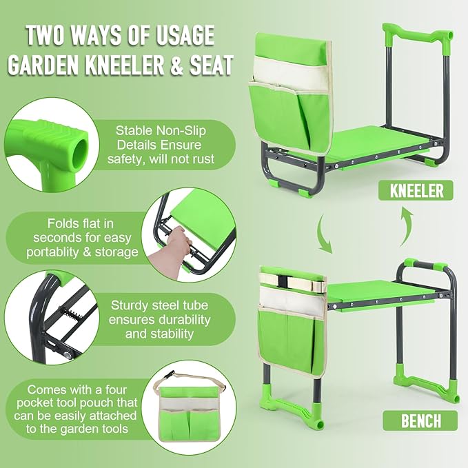 Altdorff Garden Kneeler and Seat Heavy Duty with 10.2” Wider Soft Pad, Portable Folding Stool for Gardening with Extra Hand Pruner, Sturdy Garden Kneeling Bench for Senior Help Stand, Green
