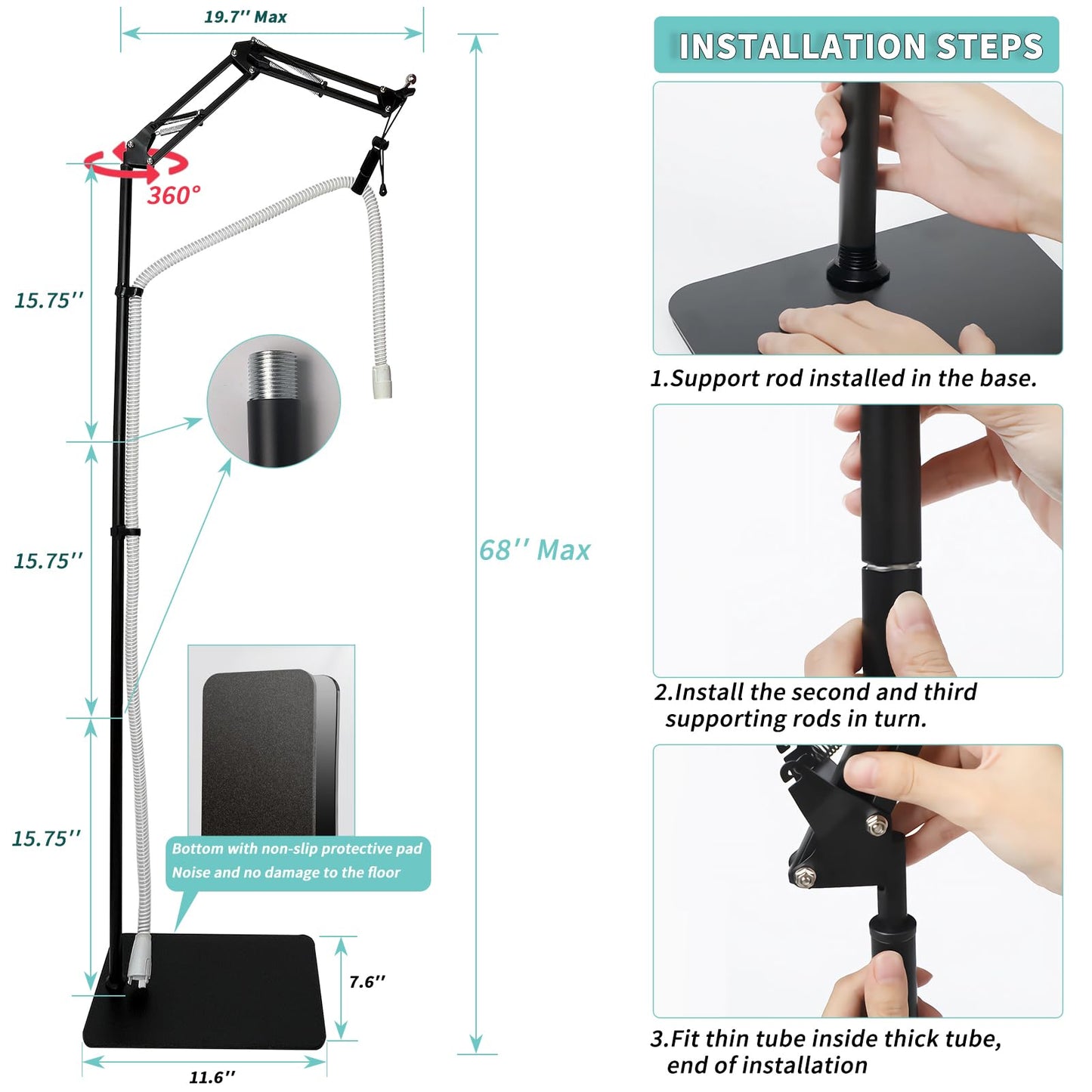 CPAP Hose Holder Stand with Adjustable Angle Height, CPAP Mask Hook - Metal Structure for Secure Support - Prevent Hose Tangles and Air Leakage, 5.8 ft Maximum Height