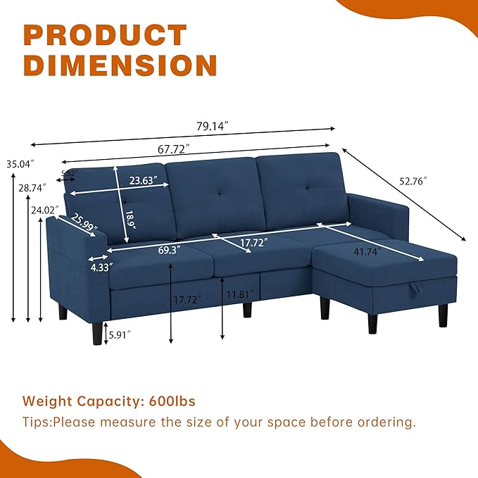 Pingliang Home 80" Convertible Sectional Sofa Couch with Movable Ottoman, 3 Seats Sectional Sofas L Shaped Couch for Small Spaces, Soft Fabric Couch for Living Room (Blue)