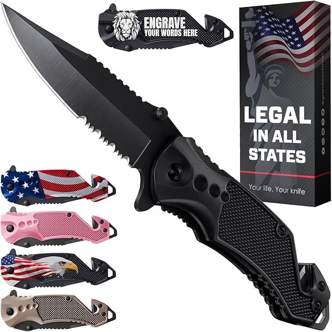 GOOD WORKER Legal Pocket Knife with 2.95” Serrated Blade, Glass Breaker, Seat Belt Cutter - EDC Sharp Folding Knives with ...