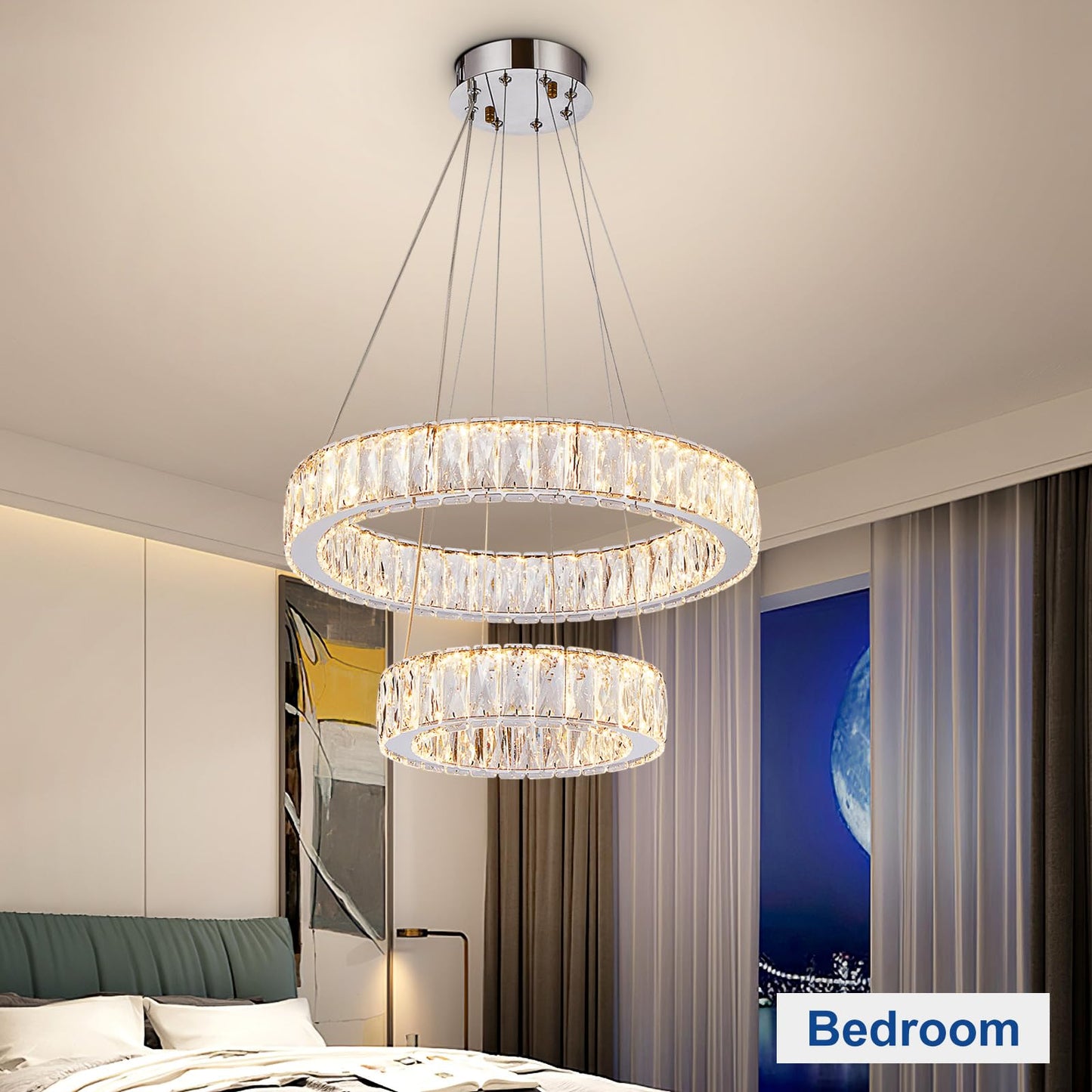 Depuley Modern LED Crystal Chandelier: 11.8" + 19.7" Rings Dimmable Pendant Light Adjustable for Dining Room - 42W Double-Decker Round Crystal Chandeliers for Bedroom Living Room Porch Foyer