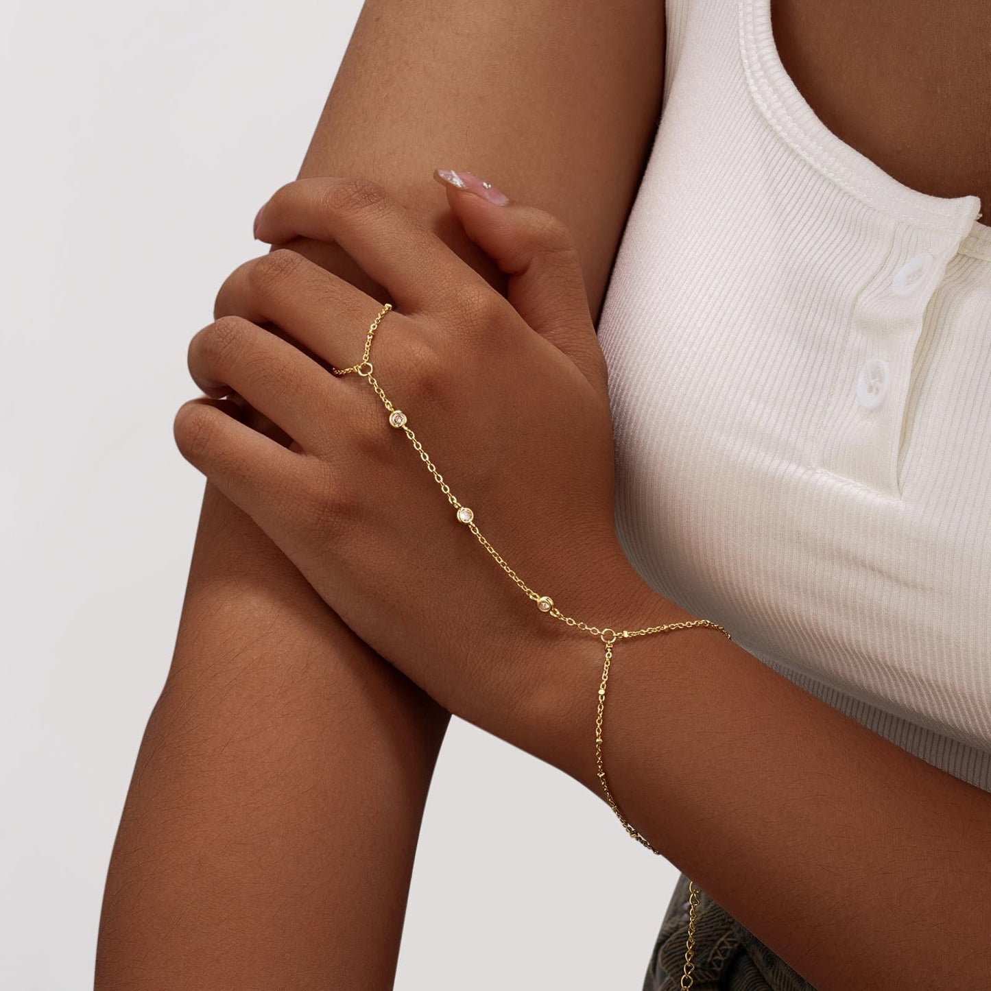 Bracelets for Women,14K Gold/Silver Plated Dainty Hand Chain Bracelets Trendy Ring Chain Bracelet Charm Gold Cuff Bangle Stackab