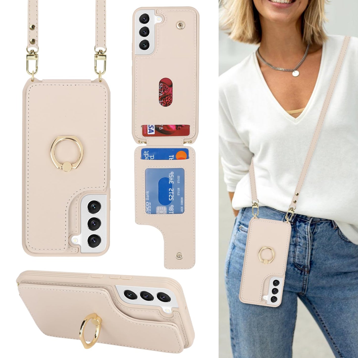 Lipvina For Samsung Galaxy S22 Case With Card Holder And Strap For Women,Crossbody Lanyard,Stand Ring Kickstand,Snap Clasp,Phone