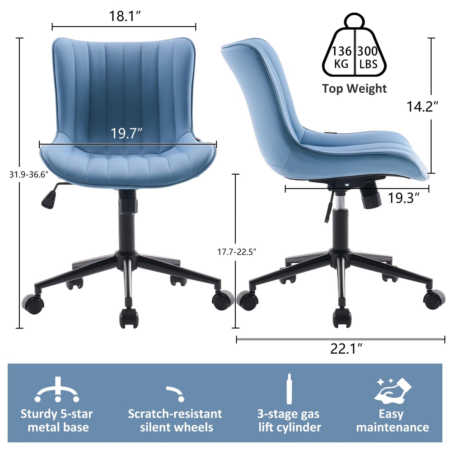 Kidol & Shellder Blue Leather Home Office Desk Chair with Wheels Modern Cute Armless Executive Swivel Vanity Chair with Comfy Padded Back Ergonomic Rolling Adjustable Computer Task Chair Small