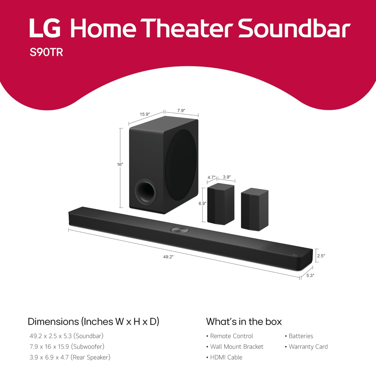 LG S90TR 7.1.3-Channel OLED evo TV Matching Home Theater Soundbar with Rear Surround Speakers and Wireless Subwoofer, Wow Orchestra, Dolby Atmos, WOWCAST Built-in