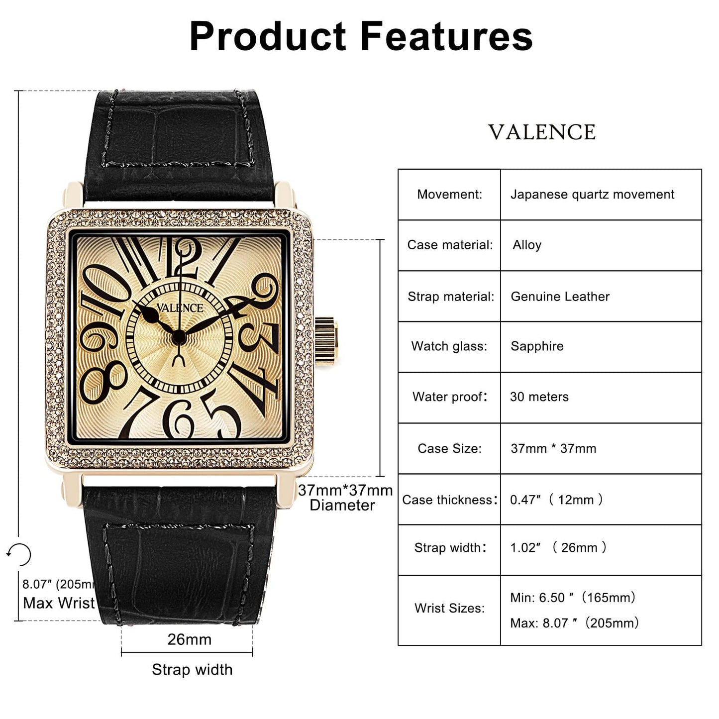 Vintage Watch for Women, Classic Face Square Watches, Easy Read Elegant Ladies Quartz Wrist Watch with Leather Band Black