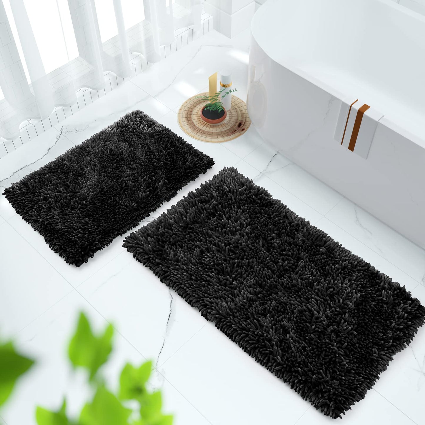 Yimobra Bathroom Rugs Sets 2 Piece, Luxury Shaggy Extra Thick Bathroom Rugs, Plush Non-Slip Mats for Bath Room Floor, Machine Wash, Ultra Absorbent, 31.5 x 19.8 + 24 x 17 Inches, Black