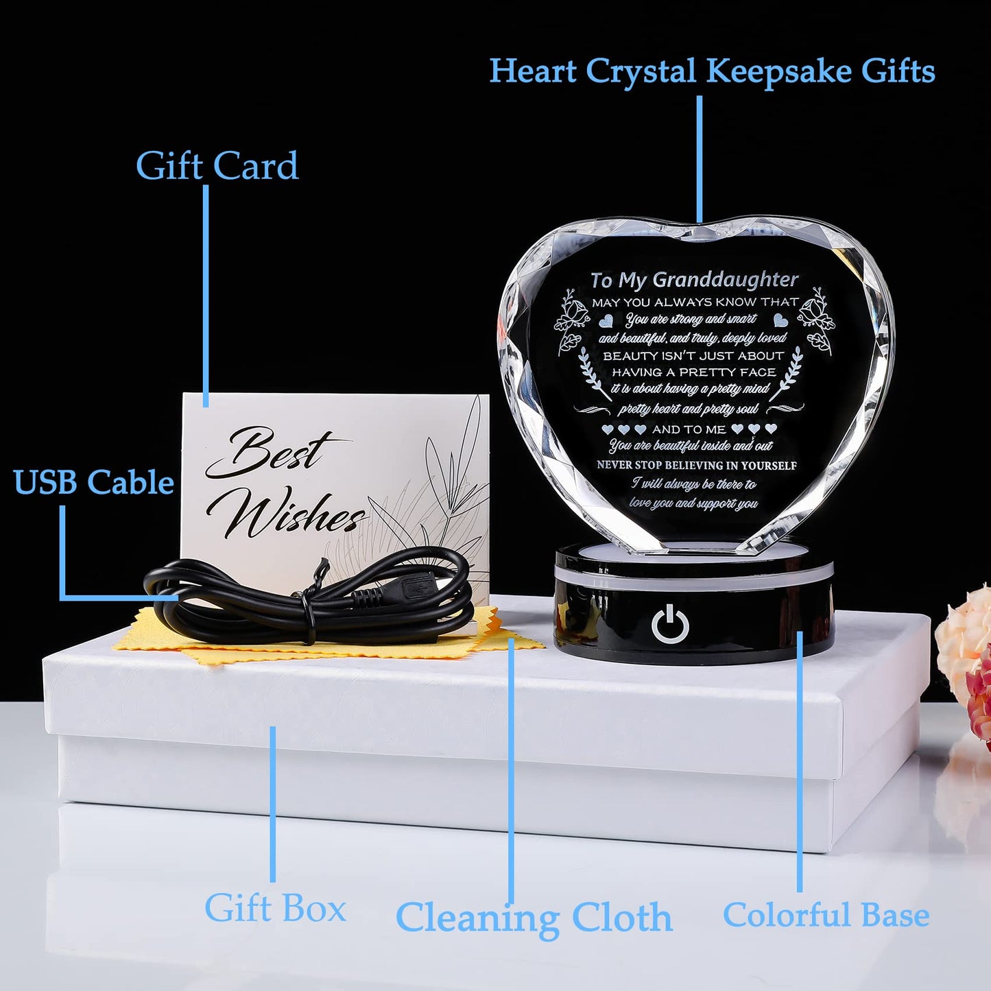 YWHL Granddaughter Gifts from Grandma Valentine Day Christmas Graduation Birthday Gift Ideas for Granddaughter from Grandparents Heart Crystal Keepsakes to My Granddaughter Present on Wedding Day Back to School