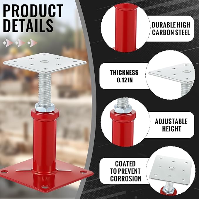 Yaocom 4 Pcs Adjustable Jack Post, 4.3-7 Height Range, Basement Floor House Screw Jacks for Lifting Joist Beam Brace for Cellar Ceiling, Center Point Load Capacity 11023 Lbs, Red