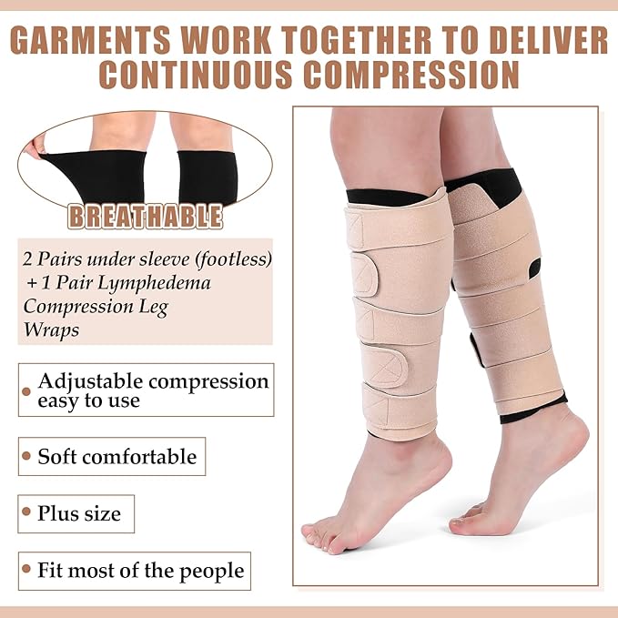 Croknit 3 Pairs Lymphedema Compression Leg Wraps Adjustable Lower Leg Cover up Medical Shin Splint Wrap for Heaviness Fatigue(Black-complexion Leg Wrap)