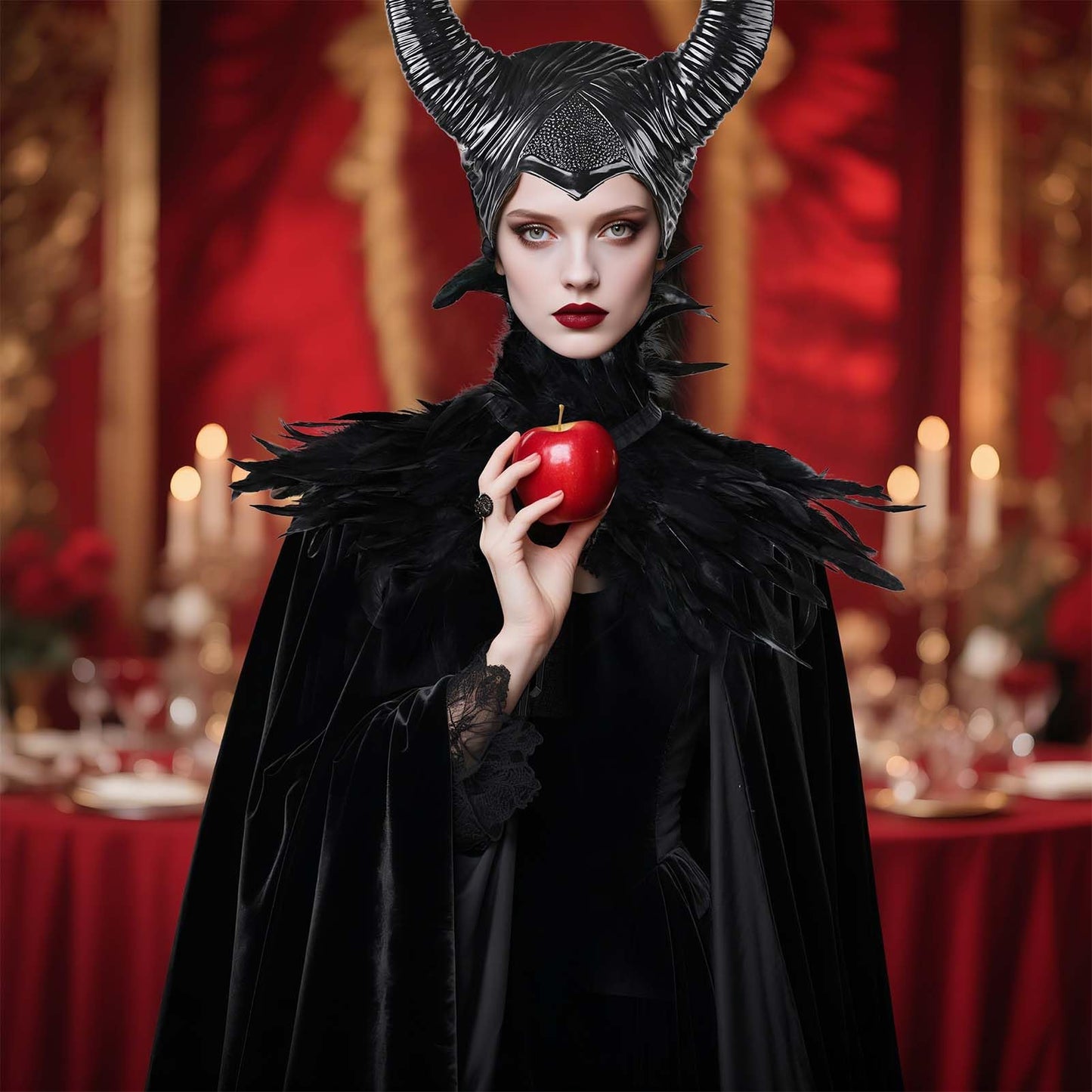 MAOFENG Women's Gothic Evil Queen Costume Demon Horns with Black Feather Collar Velvet Cloak Set for Halloween Cosplay Party