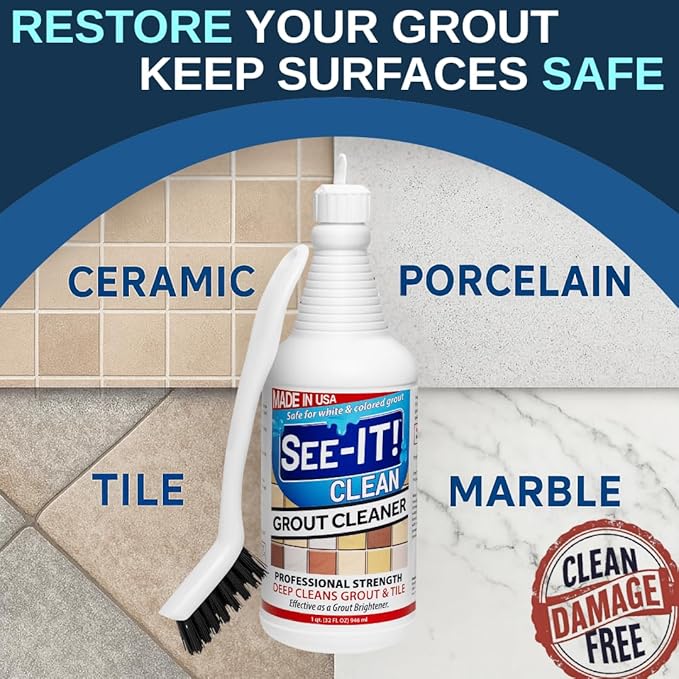 Grout & Tile Deep Cleaner Brightener & Heavy-Duty Stain Remover Acid-Free Safe for Ceramic, Porcelain, Marble, Stone - 32 fl. oz. with Hand Cleaning Brush