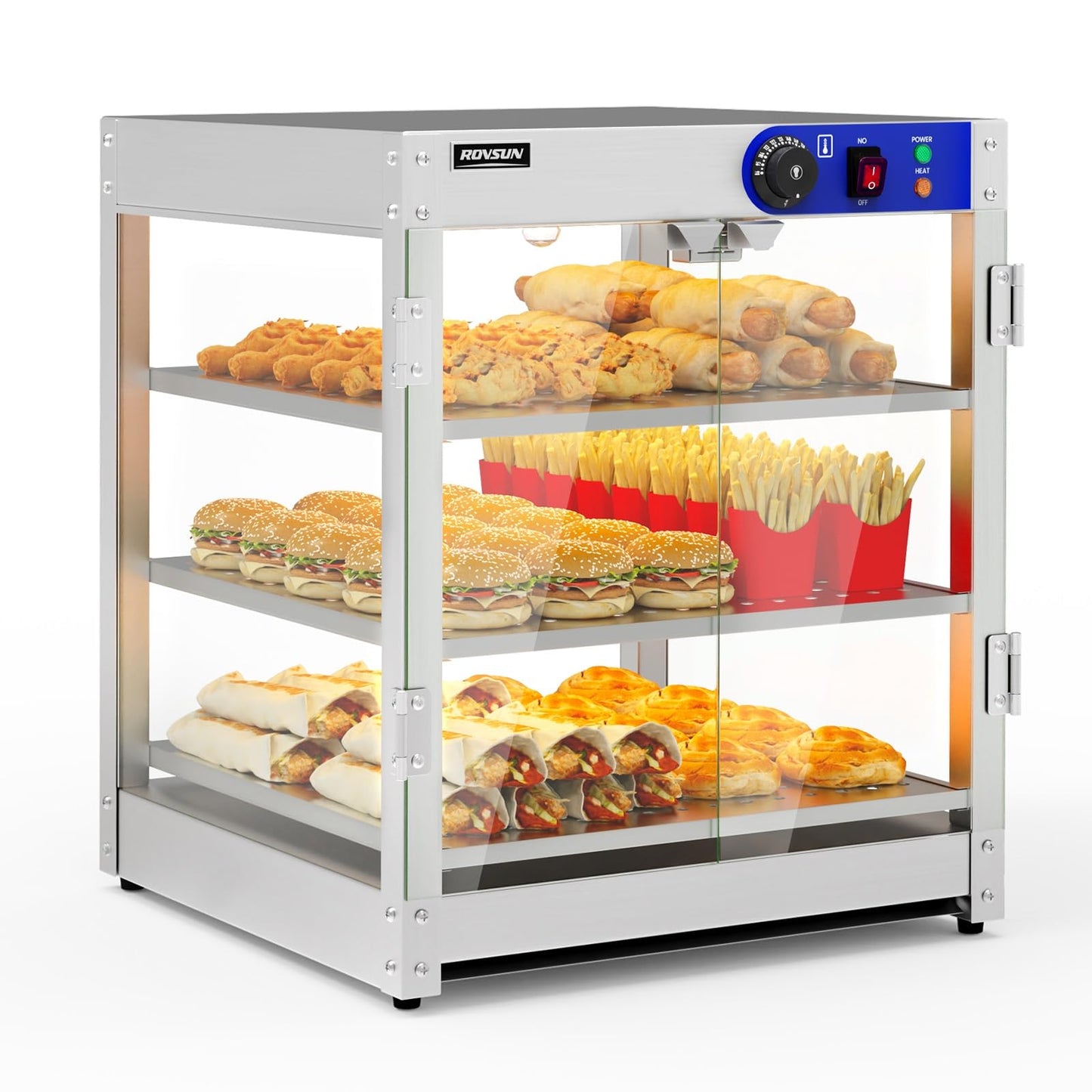 ROVSUN 3-Tier Commercial Food Warmer, Pizza Warmer Food Warmer Display with LED Lighting Removable Shelves Glass Door, Countertop Electric Food Warmer for Buffet Restaurant 110V 800W
