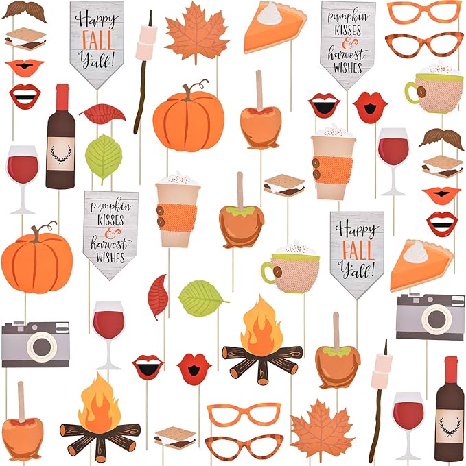 52 Pieces Happy Fall Yall Photo Booth Props Kit Thanksgiving Day Harvest Festival Pumpkin Party DIY Costumes Props with Wo...