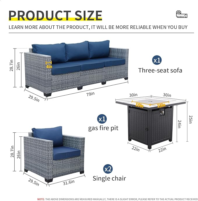 4 Piece Wicker Patio Furniture Sets Outdoor Conversation Set PE Rattan Sectional Sofa Couch with Fire Pit Table and Royal Blue Cushions