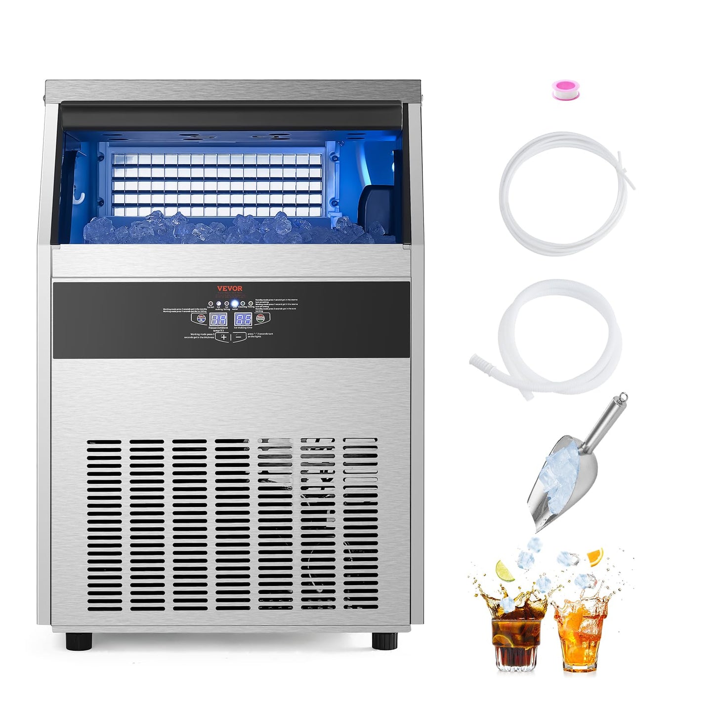 VEVOR Commercial Ice Maker Machine, 160lbs/24H Ice Maker Machine with 66lbs Storage Capacity, 80 Ice Cubes in 15 Minutes, LED Digital Display Freestanding Self-Cleaning for Bar Office Restaurant