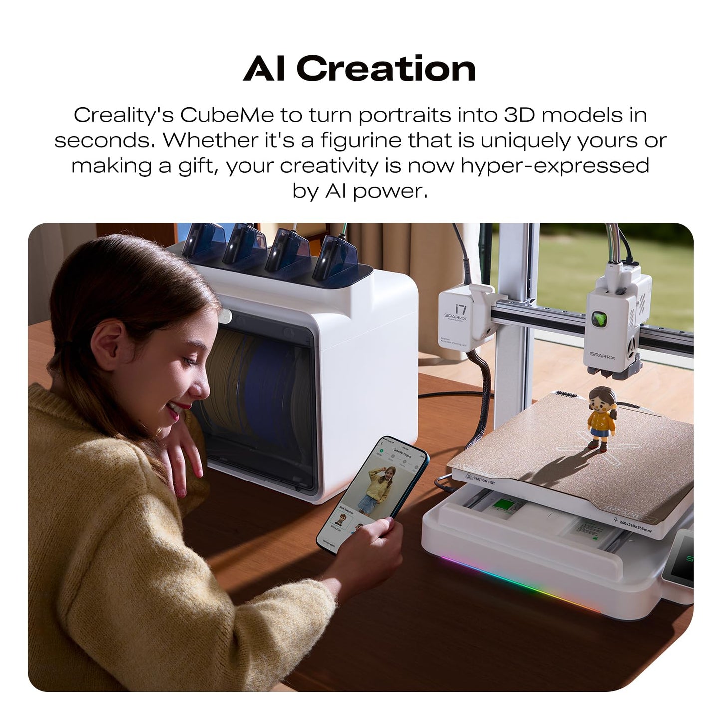 Creality SPARKX i7 3D Printer, Multi Color Need CFS AI Photo 3D Printing 500mm/s High Speed 95% Pre-Assemble RGB Light Smart AI Camera Auto-Leveling Essential Parts Low Noise 10.24×10.24×10 inch