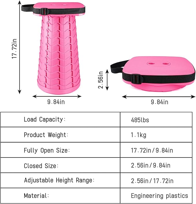 ZTMT Upgraded Folding Stool - 485lbs Load Capacity,Telescopic Stool,Portable Collapsible Seat for Camping,Fishing,Hiking,Travel (Square-Pink)