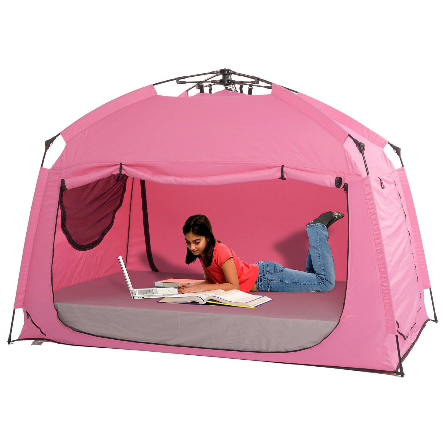 Indoor Instant Privacy Bed Tent for Sleeping,Quick Set-up Bed Canopies,Portable Bed Drapes with Large Space and 3 Doors (Pink, Full)