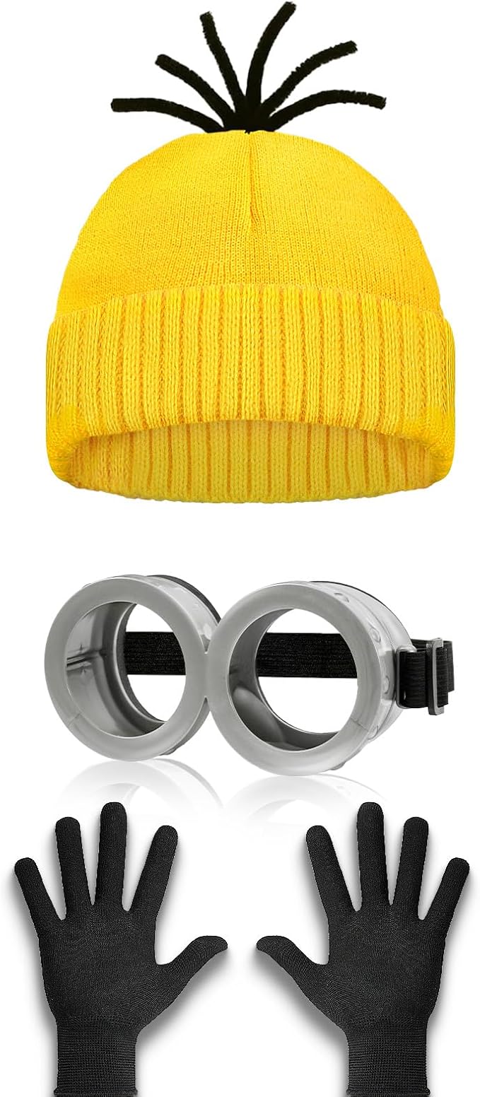 Aursy 3 PCS Easter Halloween Costumes for Men Women Adults, Yellow Beanie, Steampunk Goggles, Black Gloves, Party Set Deco...