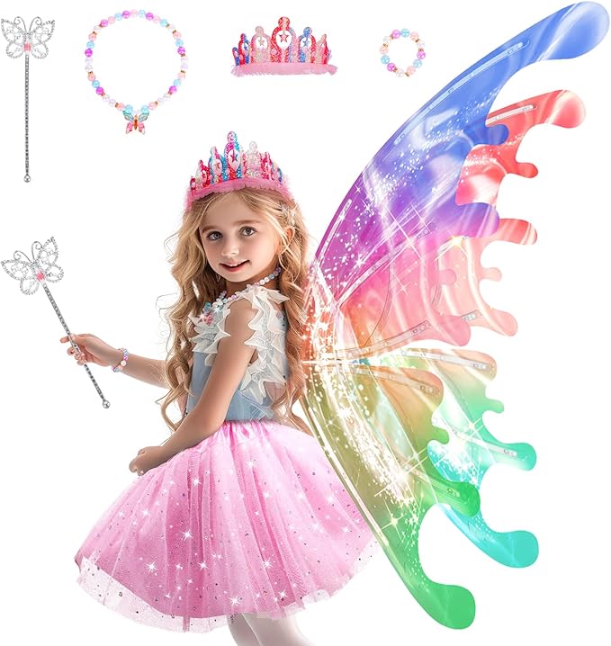 Princess Dress up Costume with Electric Fairy Wings for Girls 3-8, Light Up Moving Butterfly Wings with LED Lights&Music, ...
