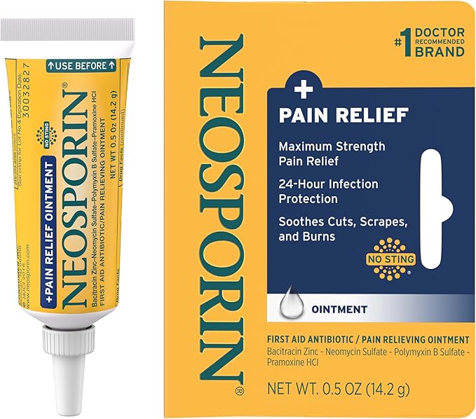 Neosporin + Maximum-Strength Pain Relief Dual Action Ointment, First Aid Topical Antibiotic & Analgesic Ointment for 24-Ho...
