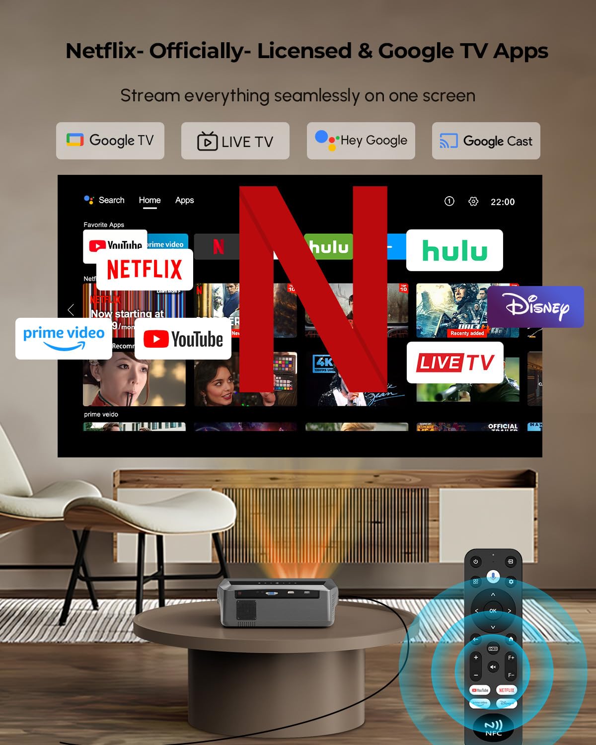 4K Smart Projector Google TV Home Theater, 2300 ANSI Ultra HD Daytime Projector with HDR10+, MEMC, ToF + CMOS AI Autofocus, NFC, HDMI ARC, DD+ &WiFi&Bluetooth for Bright Rooms, Outdoor Movies & Gaming