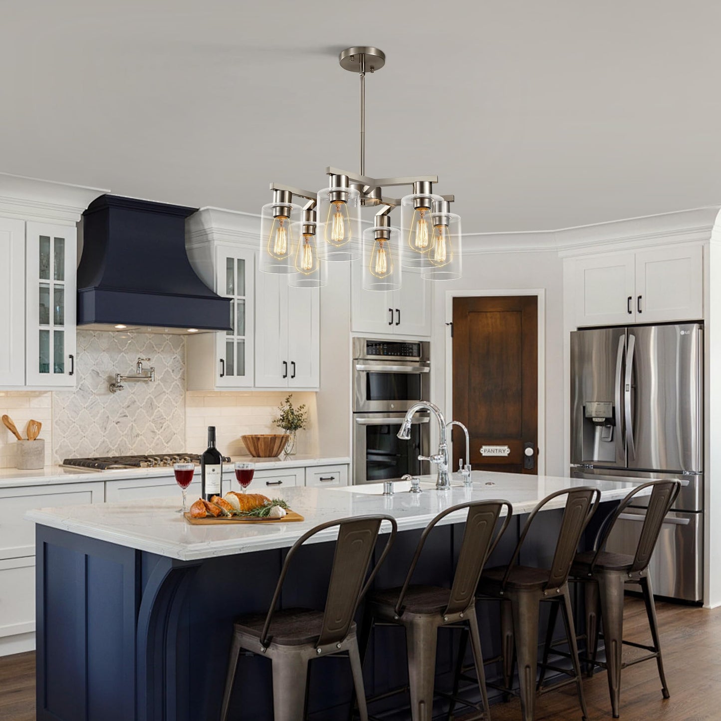 Kvaeavn 6-Light Modern Farmhouse Brushed Nickel Chandelier, Dining Room Light Fixture Over Table Adjustable Height Hanging Industrial Pendant Lights Kitchen Island, Clear Glass Shade