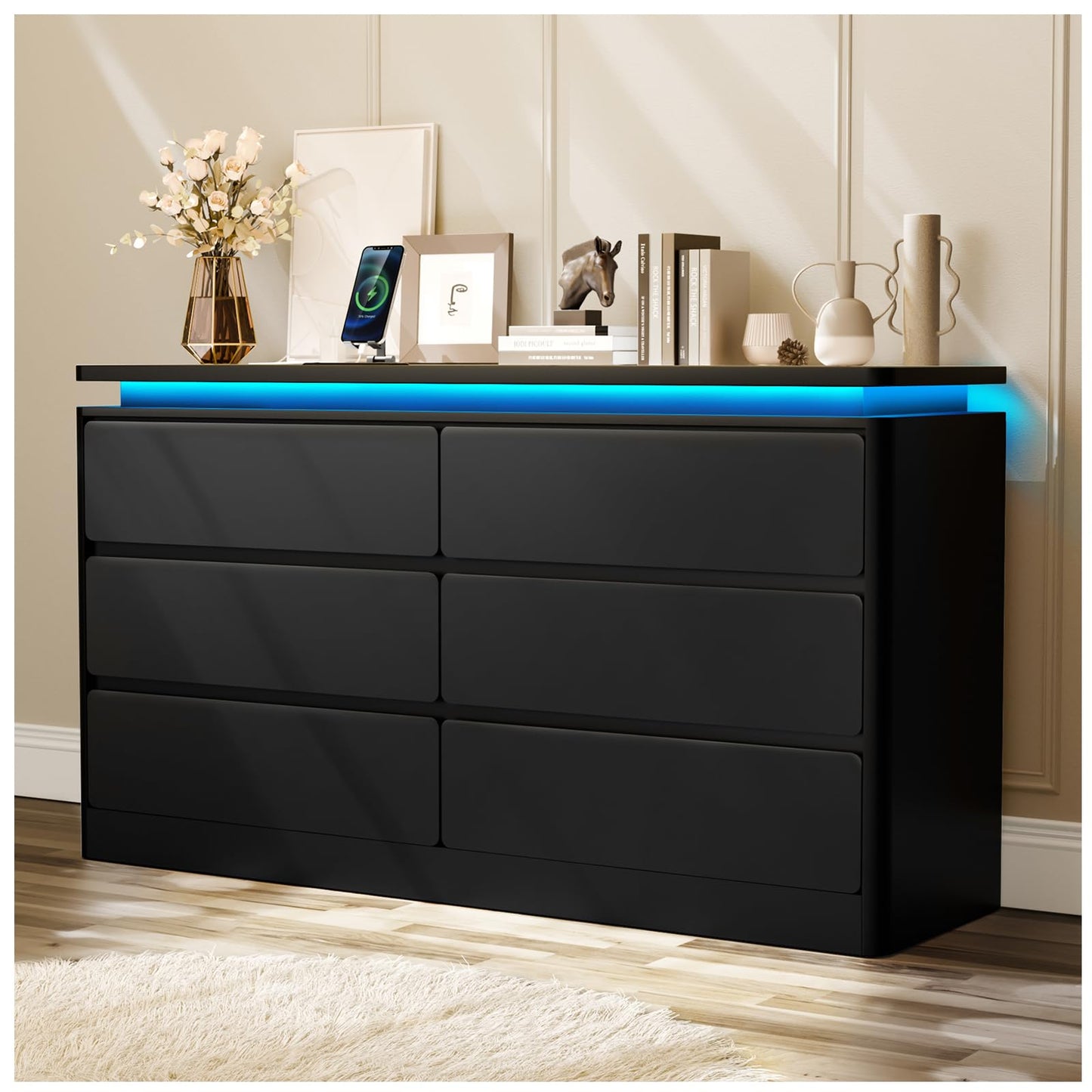 Upgraded 6 Drawer Black Dresser for Bedroom, 47.2" Long Chest of Drawers with Charging Station & LED Lights, Wooden Storage Cabinet Dresser for Closet,Modern TV Stand with Deep Drawers